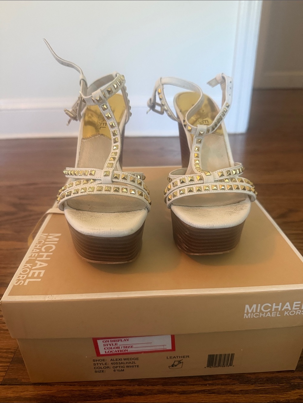 Michael Kors White Studded T-Strap Wedge Sandals